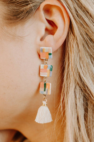 Tiered Square Geometric Tassel Earrings