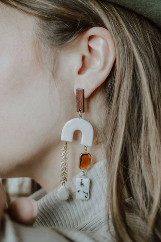 Wood & Pearl Leaf Chain Arch Earrings