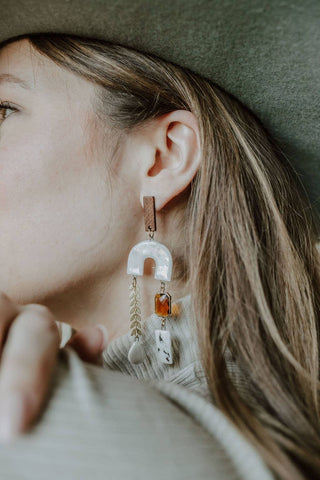 Wood & Pearl Leaf Chain Arch Earrings