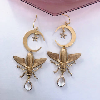 Moon Insect + Clear Quartz Earrings