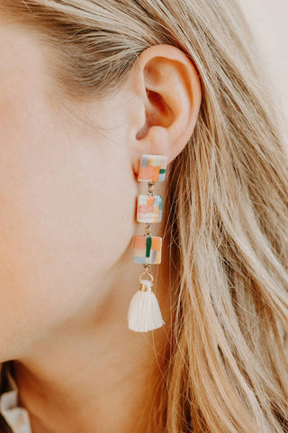 Tiered Square Geometric Tassel Earrings