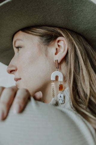 Wood & Pearl Leaf Chain Arch Earrings