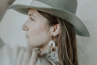 Wood & Pearl Leaf Chain Arch Earrings