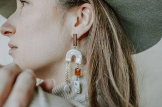 Wood & Pearl Leaf Chain Arch Earrings