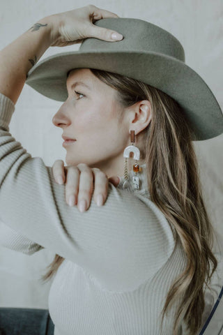 Wood & Pearl Leaf Chain Arch Earrings