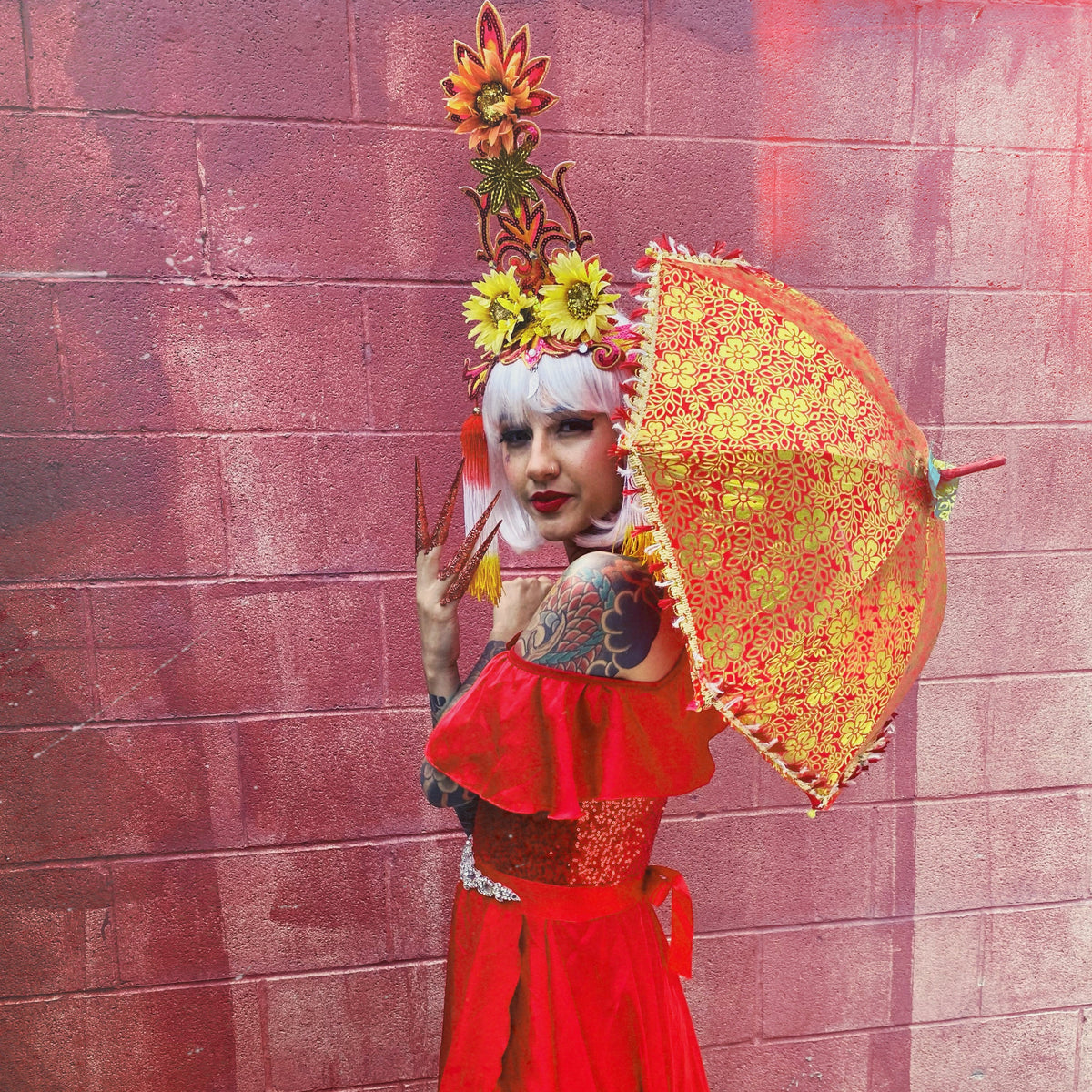 Flower Tower Headdress / Fire Coco Coquette