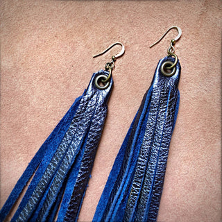 Metallic Blue Leather Tassel Earrings