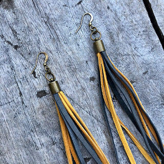 Gold + Charcoal Leather Tassel Earrings