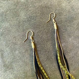 Olive Grizzly + Black Feather Earrings