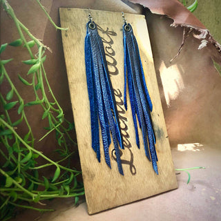 Metallic Blue Leather Tassel Earrings