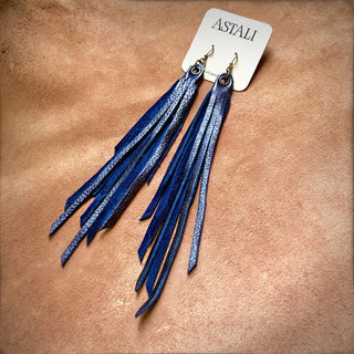 Metallic Blue Leather Tassel Earrings