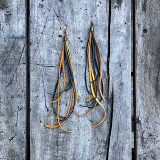 Gold + Charcoal Leather Tassel Earrings