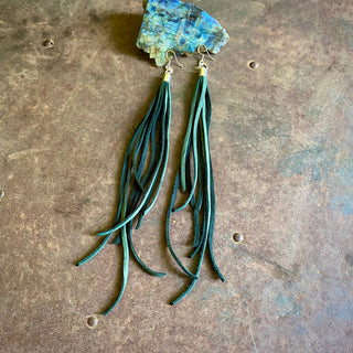 Green + Silver Leather Tassel Earrings