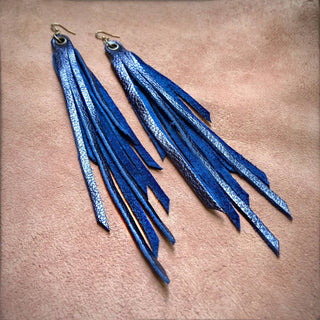 Metallic Blue Leather Tassel Earrings
