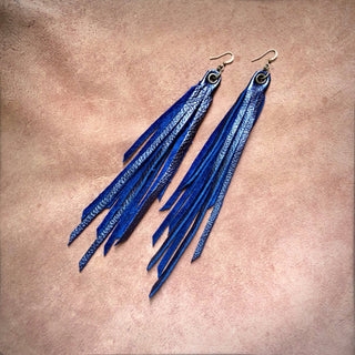 Metallic Blue Leather Tassel Earrings