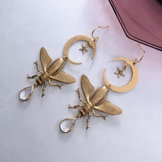 Moon Insect + Clear Quartz Earrings