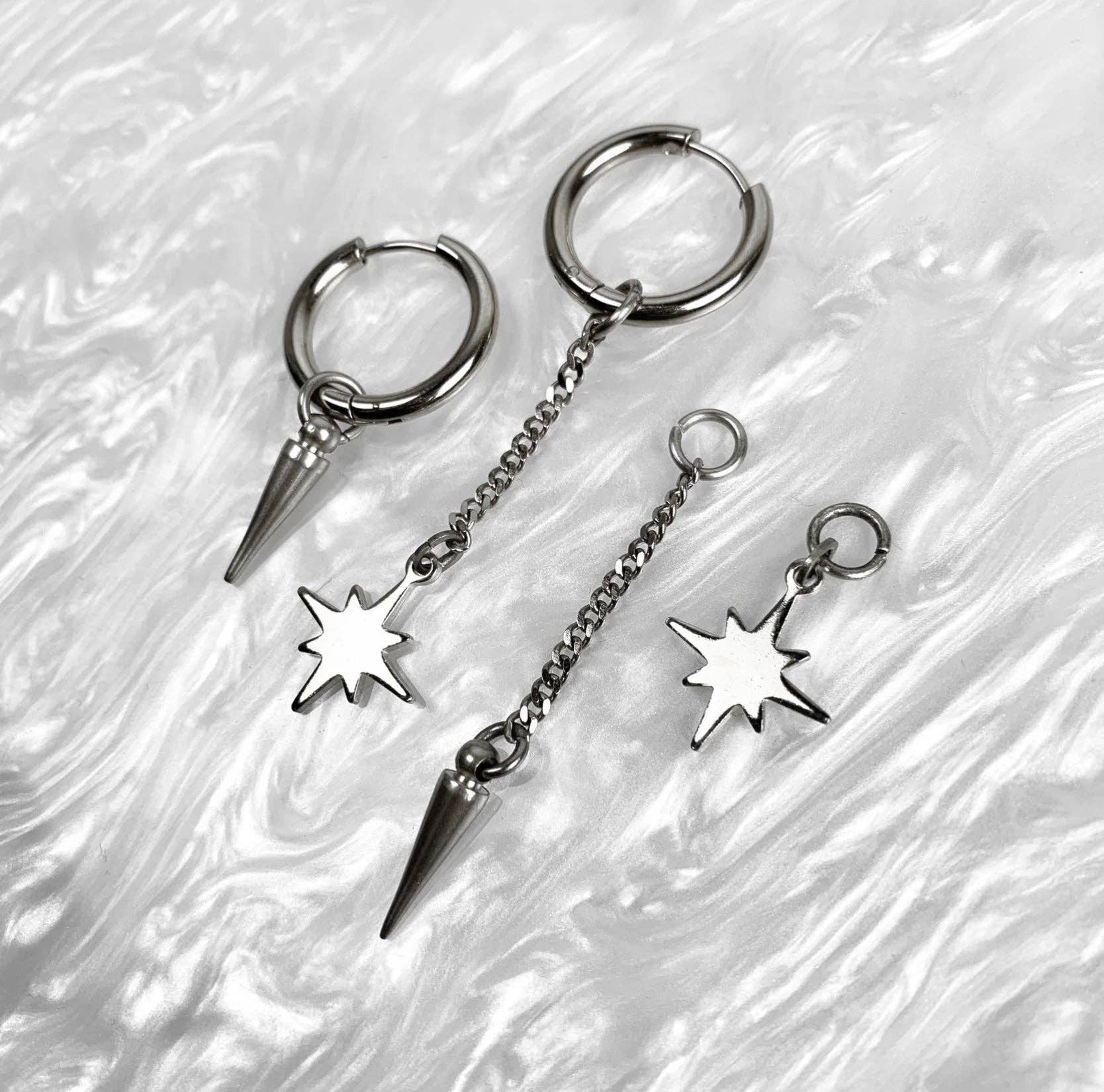 Asymmetrical Steel Hoops + Stars Earrings