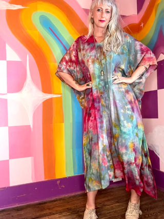 Caftan in Gray and Rainbow Tie Dye