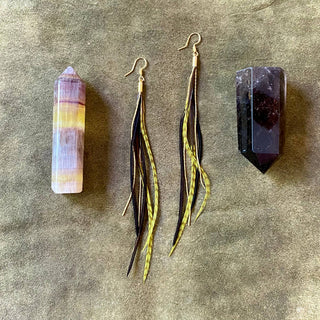 Olive Grizzly + Black Feather Earrings
