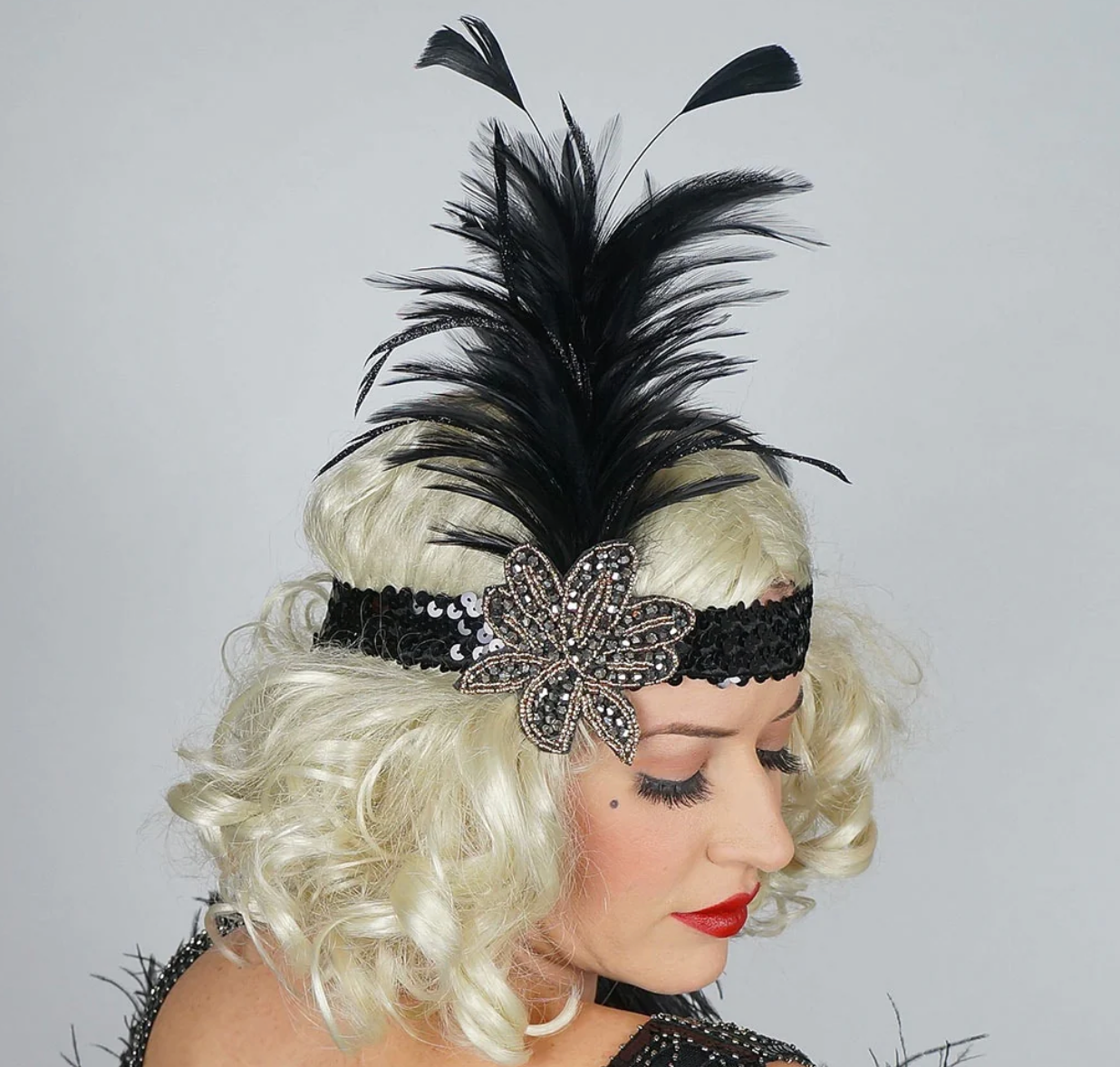 Black Flapper Plume Headband