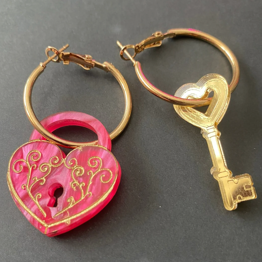 Lock + Key Heart Hoop Earrings