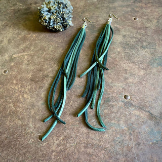 Green + Silver Leather Tassel Earrings