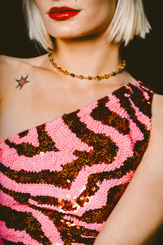 MuaMua Pink + Red Zebra One Shouldered Top