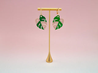 Pink Begonia and Monstera leaf earrings