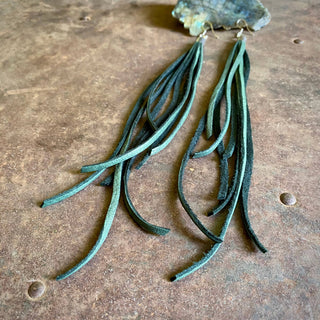 Green + Silver Leather Tassel Earrings
