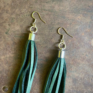Green + Silver Leather Tassel Earrings