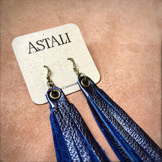 Metallic Blue Leather Tassel Earrings