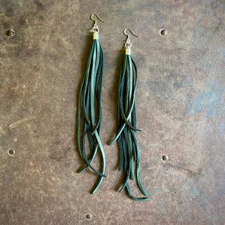 Green + Silver Leather Tassel Earrings